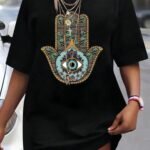 Siyah Göz El Baskılı Kadın Oversize T-Shirt