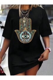 Siyah Göz El Baskılı Kadın Oversize T-Shirt