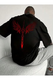 Erkek oversize Kanatlı Kılıç baskılı T-shirt rahat ve şık Tasarım