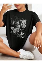 Kadın Kelebek Baskılı Oversize T-Shirt Rahat ve Şık Tasarım - Görsel 2