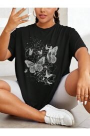 Kadın Kelebek Baskılı Oversize T-Shirt Rahat ve Şık Tasarım - Görsel 3