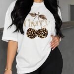 Leopar Desenli Kiraz Baskı Detaylı Kadın Oversize T-Shirt