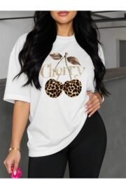 Leopar Desenli Kiraz Baskı Detaylı Kadın Oversize T-Shirt