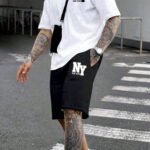 Erkek Beyaz-Siyah Bermuda Siyah Şort Oversize Beyaz T-Shirt Takım New York Baskılı
