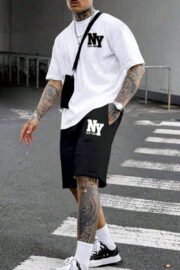 Erkek Beyaz-Siyah Bermuda Siyah Şort Oversize Beyaz T-Shirt Takım New York Baskılı