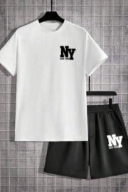 Erkek Beyaz-Siyah Bermuda Siyah Şort Oversize Beyaz T-Shirt Takım New York Baskılı - Görsel 2