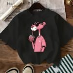 Kadın/Erkek oversize Pembe Panter baskılı T-shirt rahat ve şık Tasarım