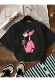 Kadın/Erkek oversize Pembe Panter baskılı T-shirt rahat ve şık Tasarım