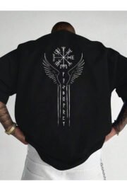 Erkek oversize Viking Sembolü baskılı T-shirt rahat ve şık Tasarım