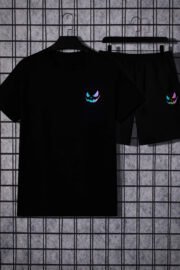 Unisex Siyah Bermuda Siyah Şort Oversize Siyah T-Shirt Takım Yüz Baskılı