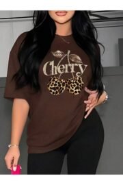 Leopar Desenli Kiraz Baskı Detaylı Kadın Oversize T-Shirt - Görsel 6
