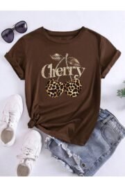 Leopar Desenli Kiraz Baskı Detaylı Kadın Oversize T-Shirt - Görsel 9