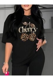 Leopar Desenli Kiraz Baskı Detaylı Kadın Oversize T-Shirt - Görsel 12