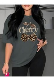 Leopar Desenli Kiraz Baskı Detaylı Kadın Oversize T-Shirt - Görsel 17