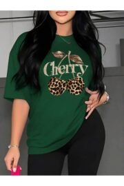 Leopar Desenli Kiraz Baskı Detaylı Kadın Oversize T-Shirt - Görsel 22