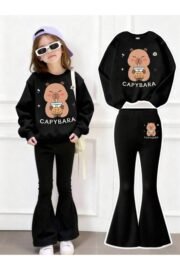Kız Çocuk Siyah Cherry Baskılı İkili Takım – Sweatshirt & İspanyol Paça Alt - Görsel 12