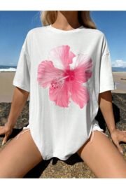 Pembe Çicek Baskılı Kadın Oversize T-Shirt