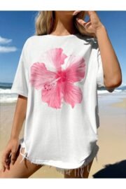 Pembe Çicek Baskılı Kadın Oversize T-Shirt - Görsel 4