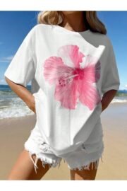 Pembe Çicek Baskılı Kadın Oversize T-Shirt - Görsel 5