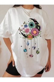 Çicek Ay Baskılı Kadın Oversize T-Shirt