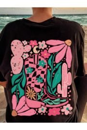 Çicekler Çizme Sırt Baskı Detaylı Kadın Oversize T-Shirt - Görsel 4