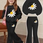 Kız Çocuk Siyah Papatya Baskılı Sweatshirt ve İspanyol Paça Alt Eşofman Takımı