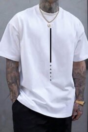 Dikey Paris Baskılı Erkek Oversize T-Shirt