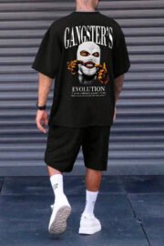 Erkek Siyah Şort-Tshirt Takım Gangster Sırt ve Ön Baskılı