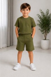 Erkek/Kız Çocuk Yeşil Şortlu Takım Basic Tshirt Spor Yazlık 3-12 Yaş - Görsel 3
