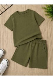 Erkek/Kız Çocuk Yeşil Şortlu Takım Basic Tshirt Spor Yazlık 3-12 Yaş - Görsel 4
