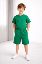 Erkek/Kız Çocuk Yeşil Şortlu Takım Basic Tshirt Spor Yazlık 3-12 Yaş - Görsel 5