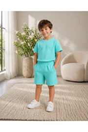 Erkek/Kız Çocuk Yeşil Şortlu Takım Basic Tshirt Spor Yazlık 3-12 Yaş - Görsel 7