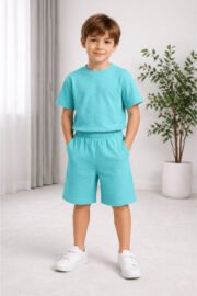 Erkek/Kız Çocuk Yeşil Şortlu Takım Basic Tshirt Spor Yazlık 3-12 Yaş - Görsel 9