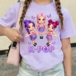 Kız Çocuk K-Pop Baskılı Tişört Siyah Pamuklu 3-12 Yaş Trend Tshirt
