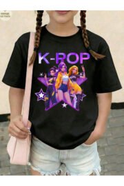 Kız Çocuk K-Pop Baskılı Tişört Siyah Pamuklu 3-12 Yaş Trend Tshirt - Görsel 17