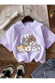 Sevimli Kedi Desenli Çocuk Tişört Eğlenceli Baskılı Regular Fit - Görsel 8