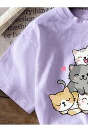Sevimli Kedi Desenli Çocuk Tişört Eğlenceli Baskılı Regular Fit - Görsel 9