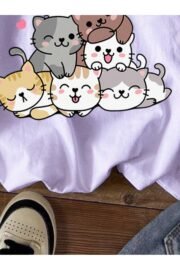 Sevimli Kedi Desenli Çocuk Tişört Eğlenceli Baskılı Regular Fit - Görsel 11