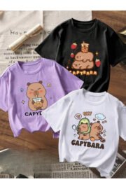 Kız Çocuk Cappybara Baskılı 3'lü Set Nefes Alan Yazlık T-Shirt