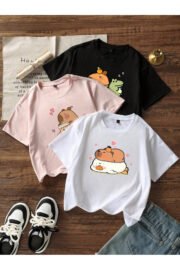 Kız Çocuk Cappybara Baskılı 3'lü Set Nefes Alan Yazlık T-Shirt - Görsel 14