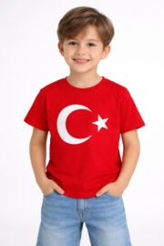 Kız/Erkek Türk Bayrağı Baskılı Kırmızı Çocuk Tshirtü