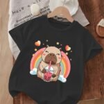 Cappybara ve Gökkuşağı Baskılı Çocuk Tshirt Pamuklu