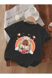 Cappybara ve Gökkuşağı Baskılı Çocuk Tshirt Pamuklu
