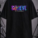 Unisex Oversize Believe In Yourself Baskılı Siyah T-Shirt