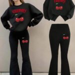 Kız Çocuk Siyah Cherry Baskılı İkili Takım – Sweatshirt & İspanyol Paça Alt