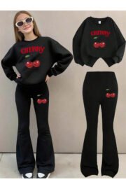 Kız Çocuk Siyah Cherry Baskılı İkili Takım – Sweatshirt & İspanyol Paça Alt