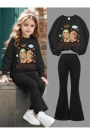 Kız Çocuk Siyah Cherry Baskılı İkili Takım – Sweatshirt & İspanyol Paça Alt - Görsel 6
