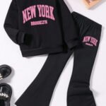 Kız Çocuk Siyah New York Baskılı İkili Takım – Sweatshirt & İspanyol Paça Eşofman Altı