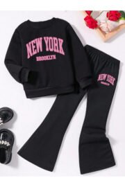 Kız Çocuk Siyah New York Baskılı İkili Takım – Sweatshirt & İspanyol Paça Eşofman Altı