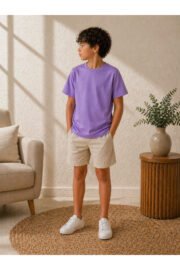Çocuk Basic Tişört Düz Baskısız Kısa Kollu Günlük Rahat Unisex Tshirt - Görsel 12
